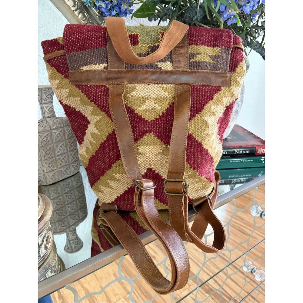 Lovestitch Wine Carpet Backpack Ikat Jute Leather Tassel Boho Festival Bag - Picture 8 of 12